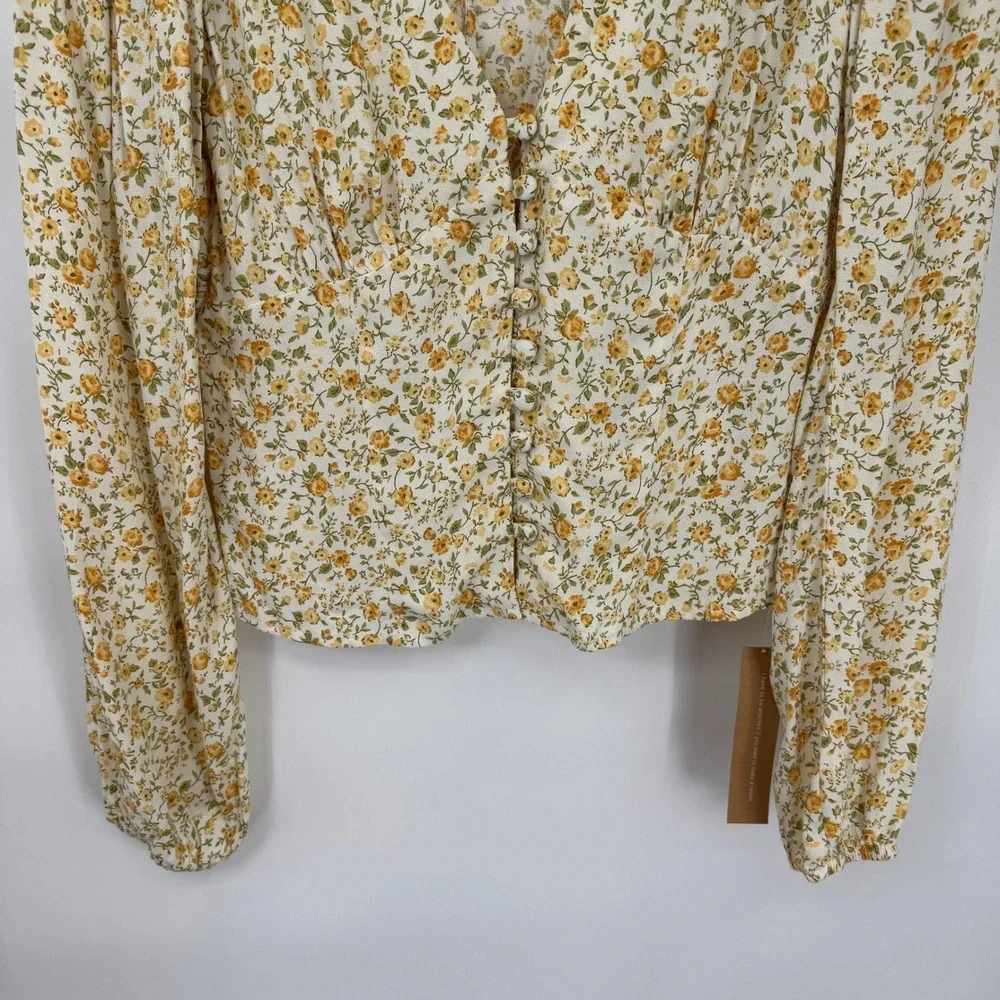 Reformation Floral Long Sleeve Button Front Top White Yellow Small Country NWT
